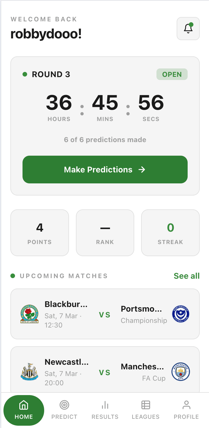 Match 6 Football app showing live match predictions
